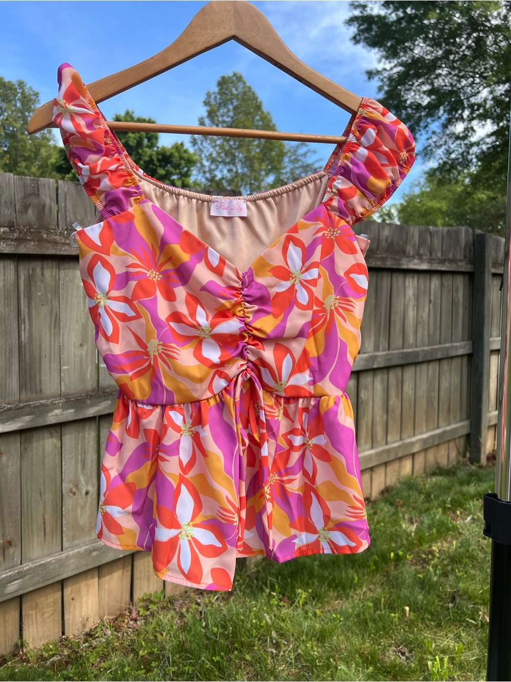 Ruched Floral Tank Top in Pink & Orange